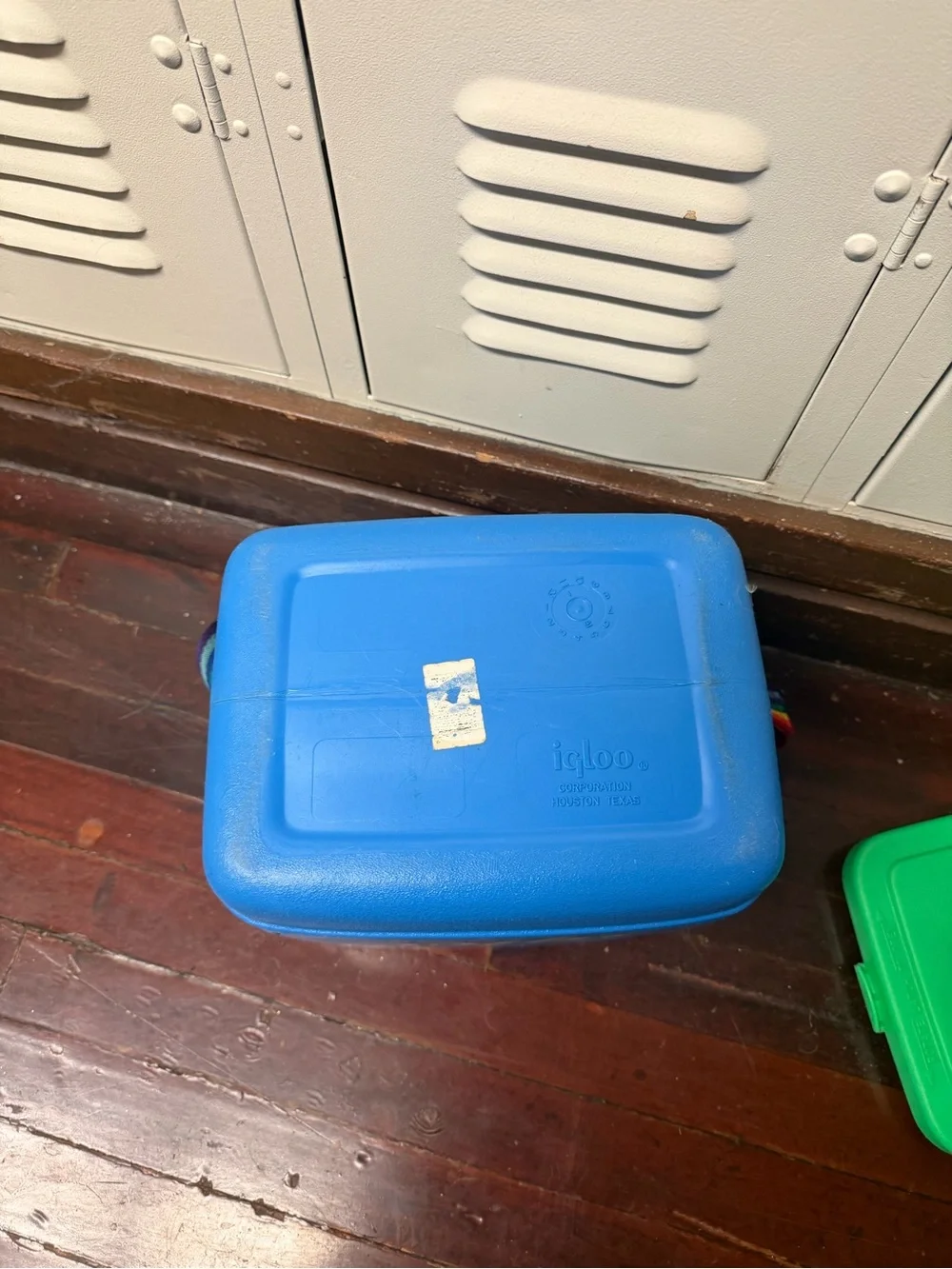 Vintage Igloo tag along 10 Blue Cooler with Green Lid and Rainbow Strap